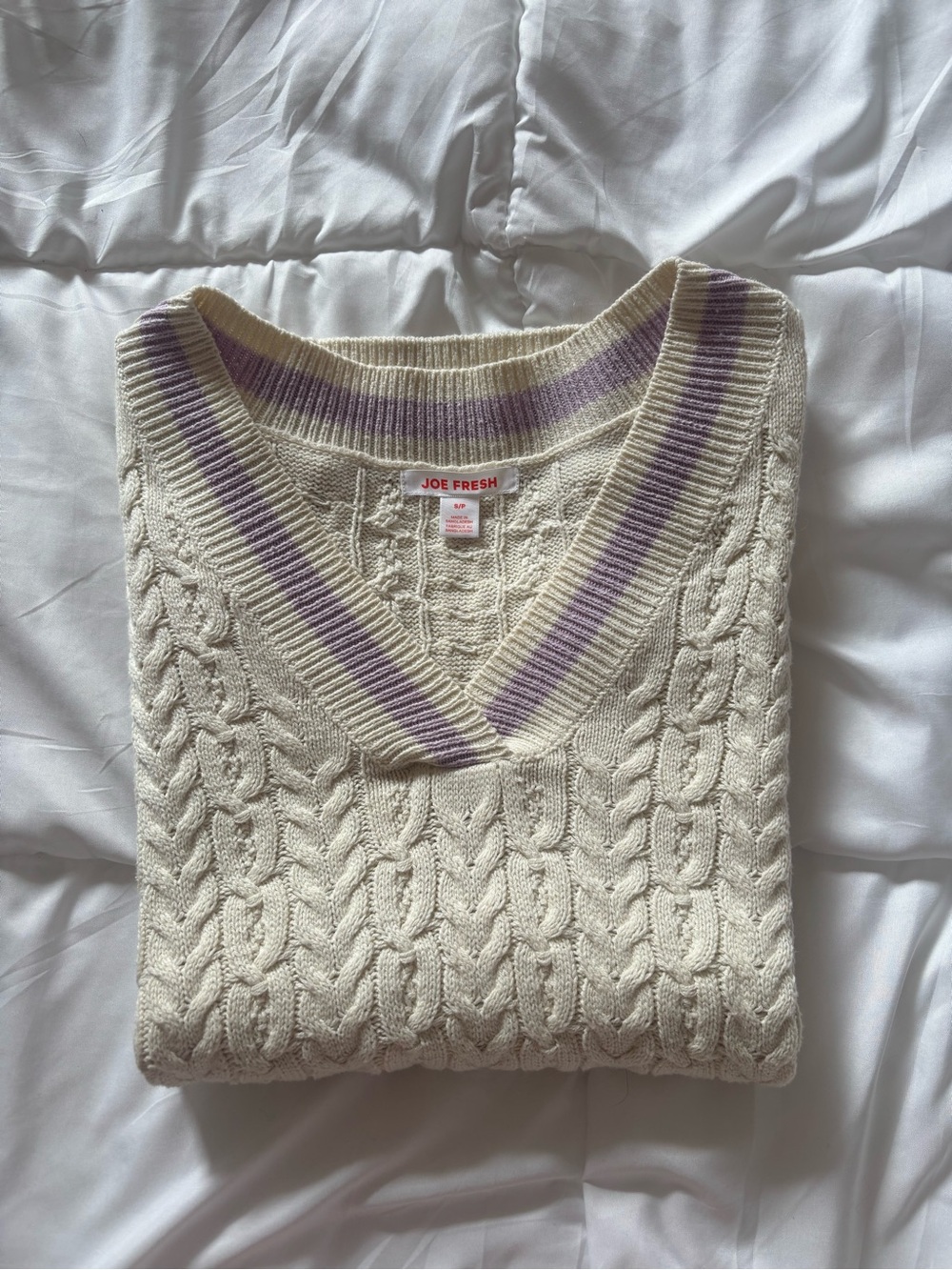 Joe Fresh Cream Cable Knit V-Neck Sweater with Purple Trim